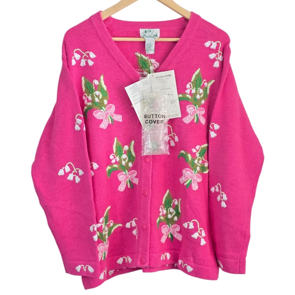 *VTG/NWT* QUACKER FACTORY Vintage Pink Floral Bouquet Sweater, Flower Cardigan